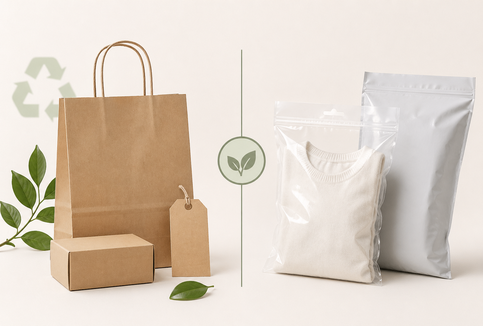 Paper shopping bags and recyclable plastic packaging compared for sustainability discussion