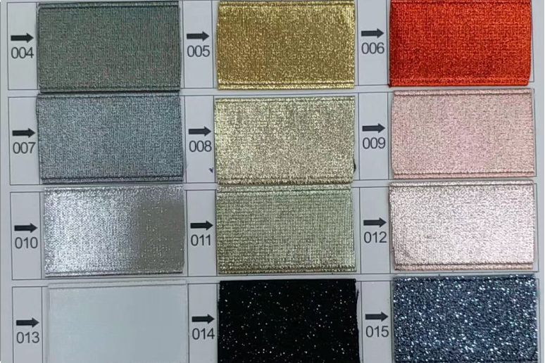 Glitter ribbon swatch card with multiple finishes
