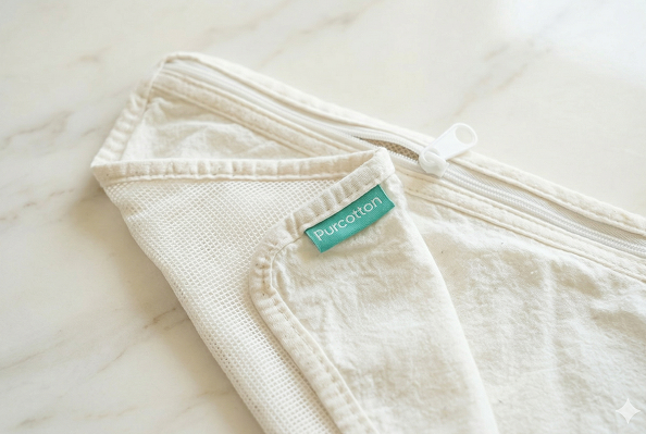 Zipper and edge binding details on Purcotton fabric pouch