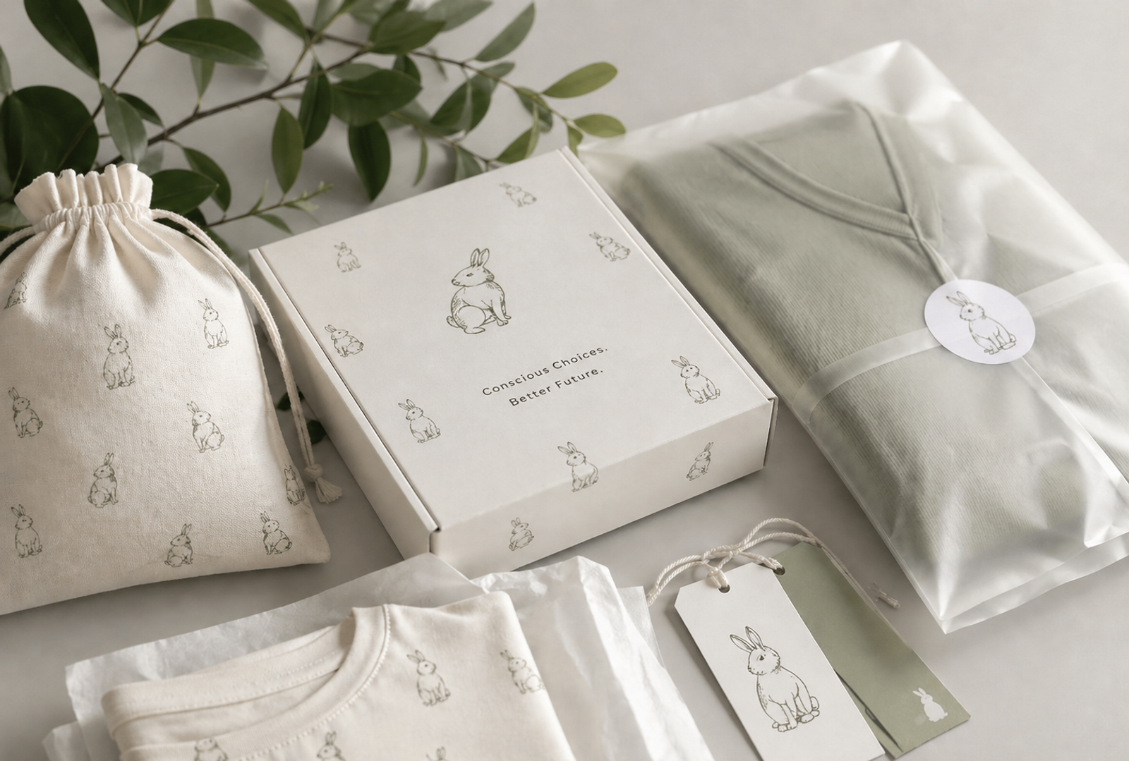 Custom clothing packaging references including paper bags, labels, and hanging tags