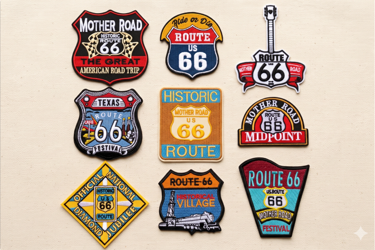 Route 66 patch assortment in multiple shapes
