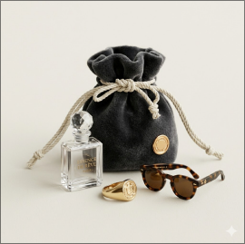 Black velvet drawstring pouch for jewelry, eyewear, perfume and small accessories