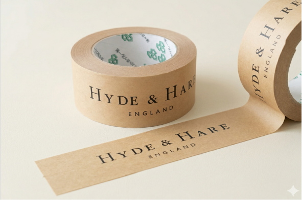 Hyde and Hare kraft paper tape roll displayed beside a flat printed strip