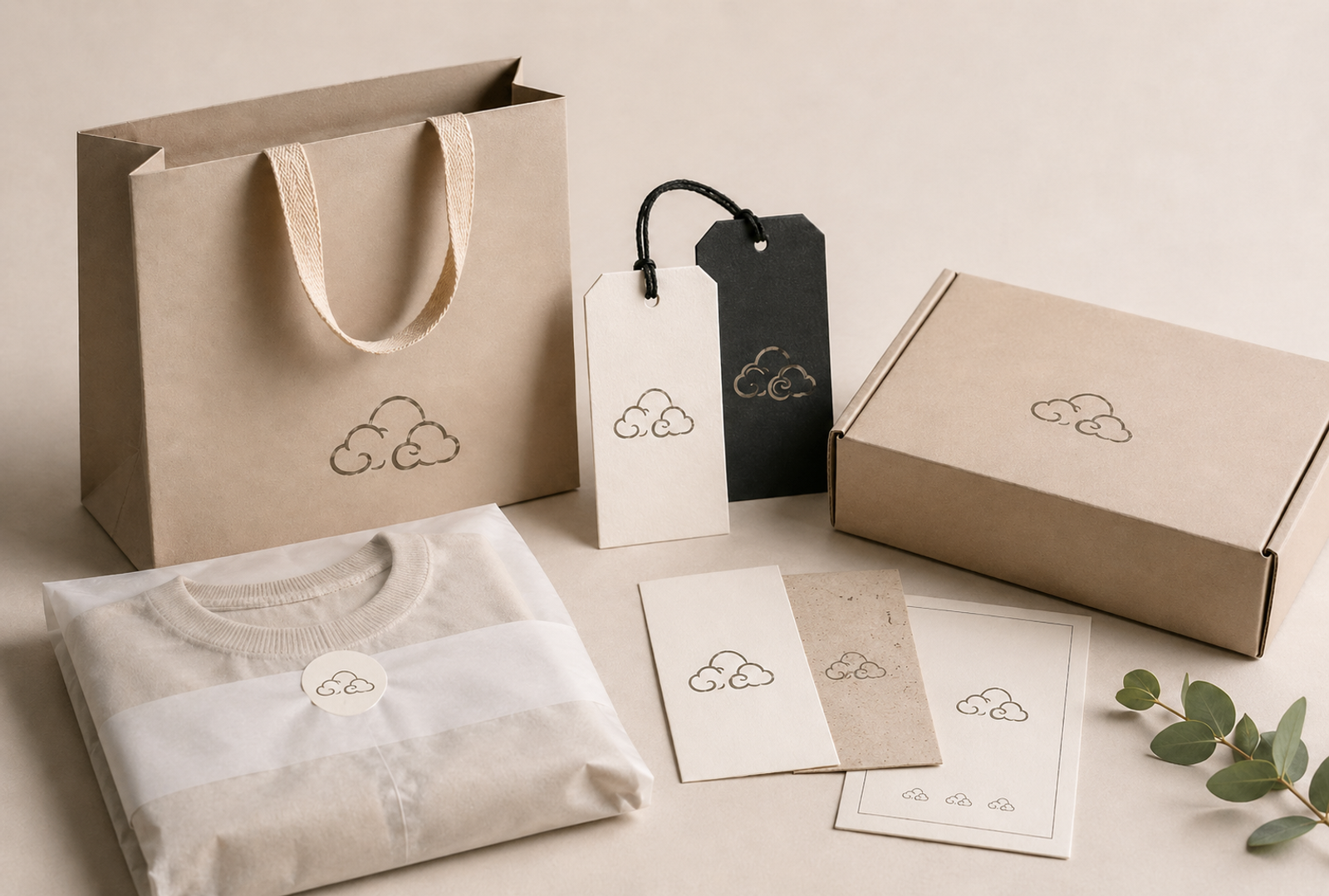 Neutral-toned branded packaging bags and boxes for fashion identity references