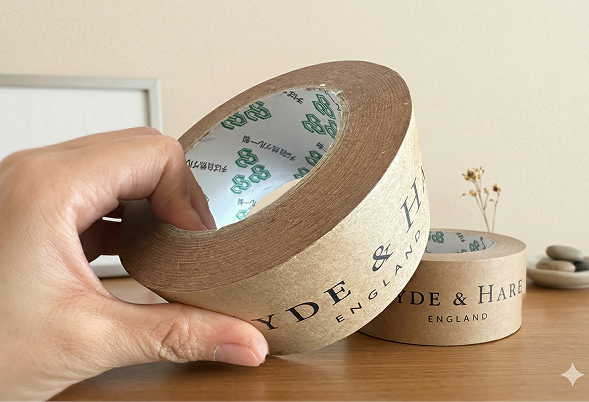 Hand holding a Hyde and Hare kraft paper tape roll showing layered paper construction