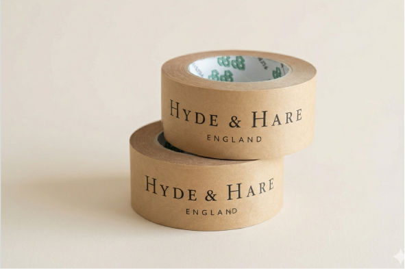 Two stacked Hyde and Hare custom printed kraft paper tape rolls