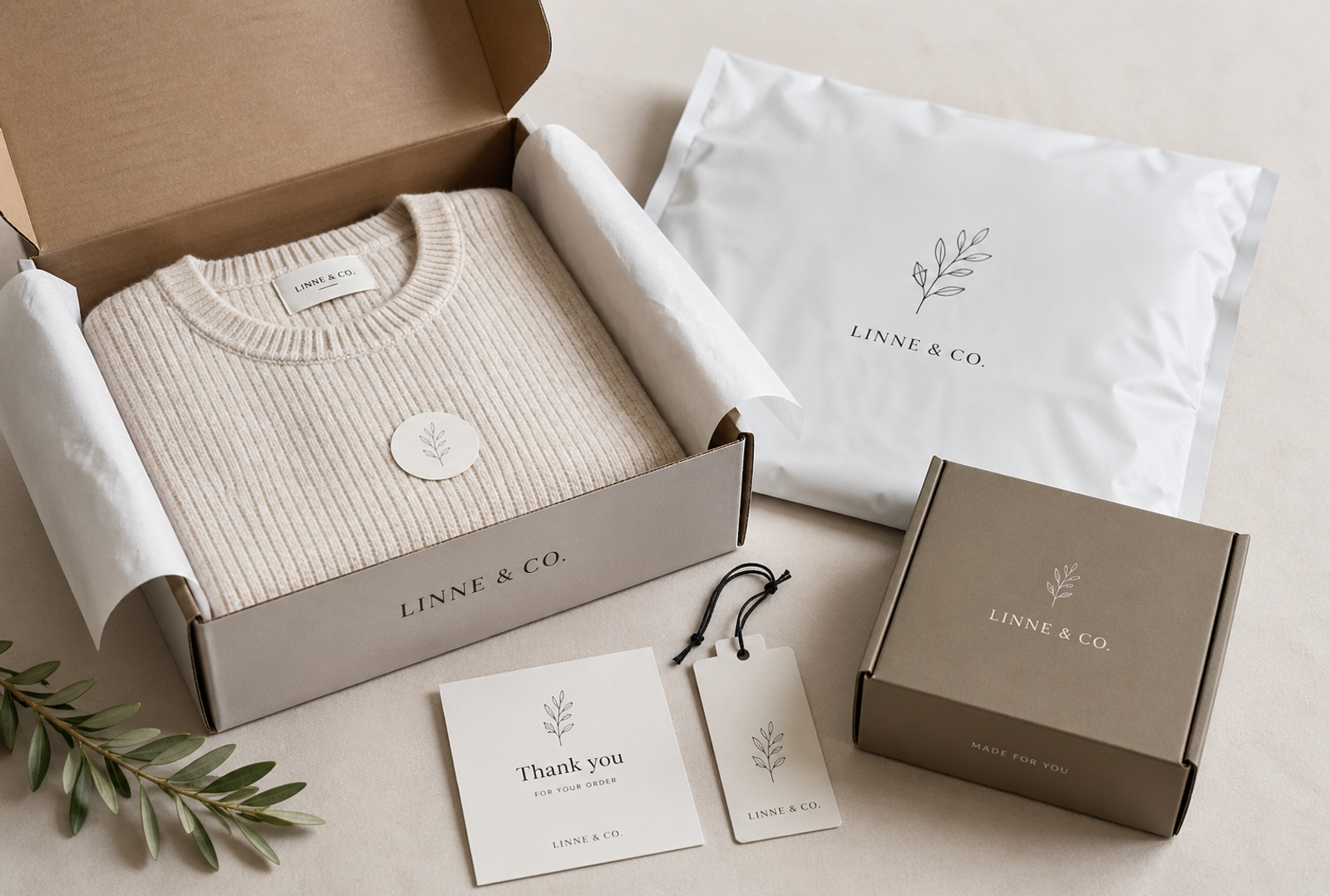 Custom fashion e-commerce packaging with branded box, pouch, and insert cards