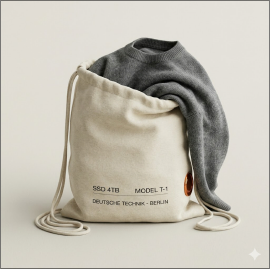 Custom cotton drawstring dust bag holding folded knitwear for apparel packaging