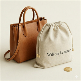 Custom cotton dust bag with printed logo beside a brown leather handbag