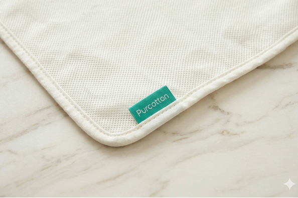 Close-up of Purcotton woven label and mesh viewing panel