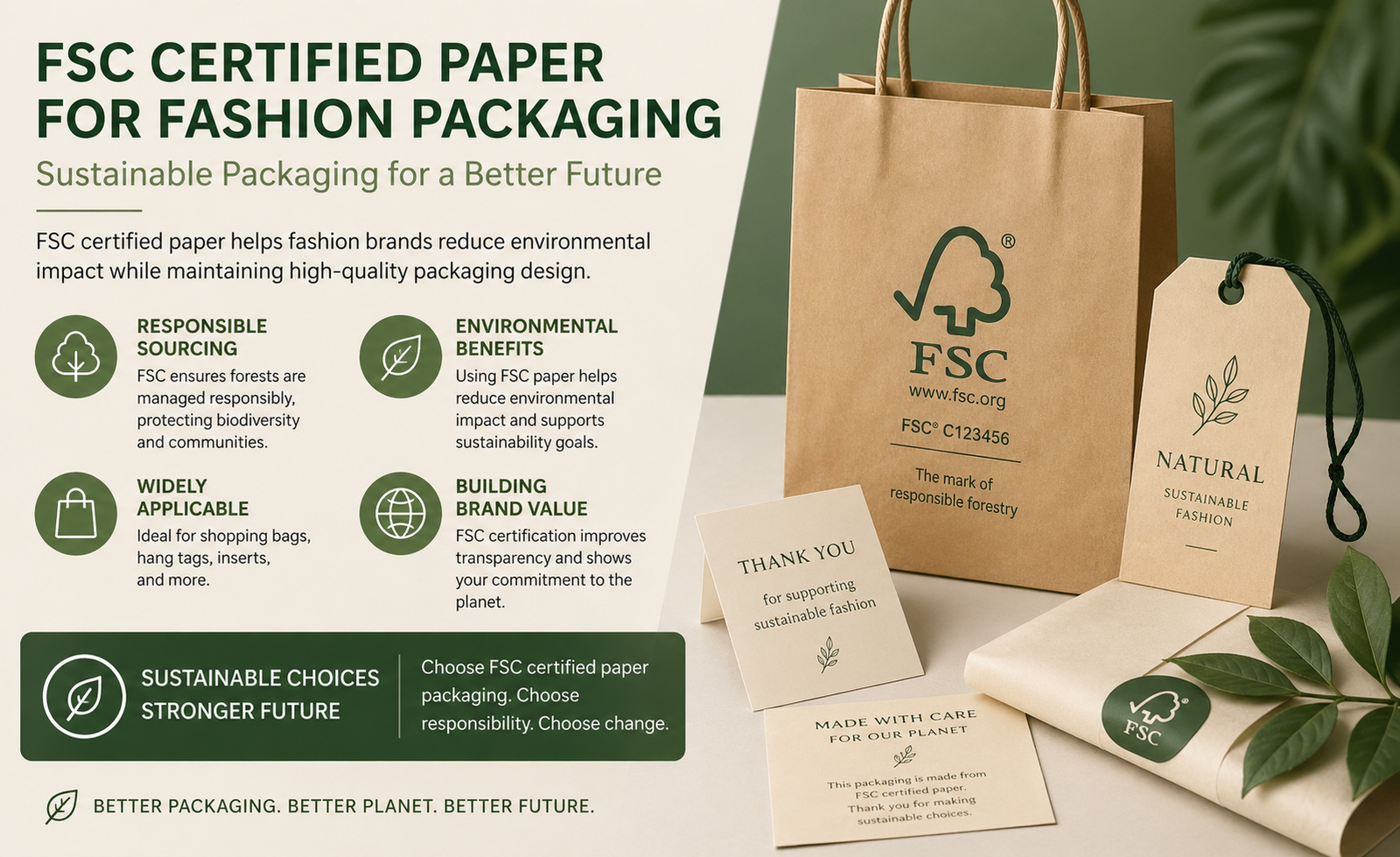 FSC-certified paper hang tags and branded packaging materials for fashion products