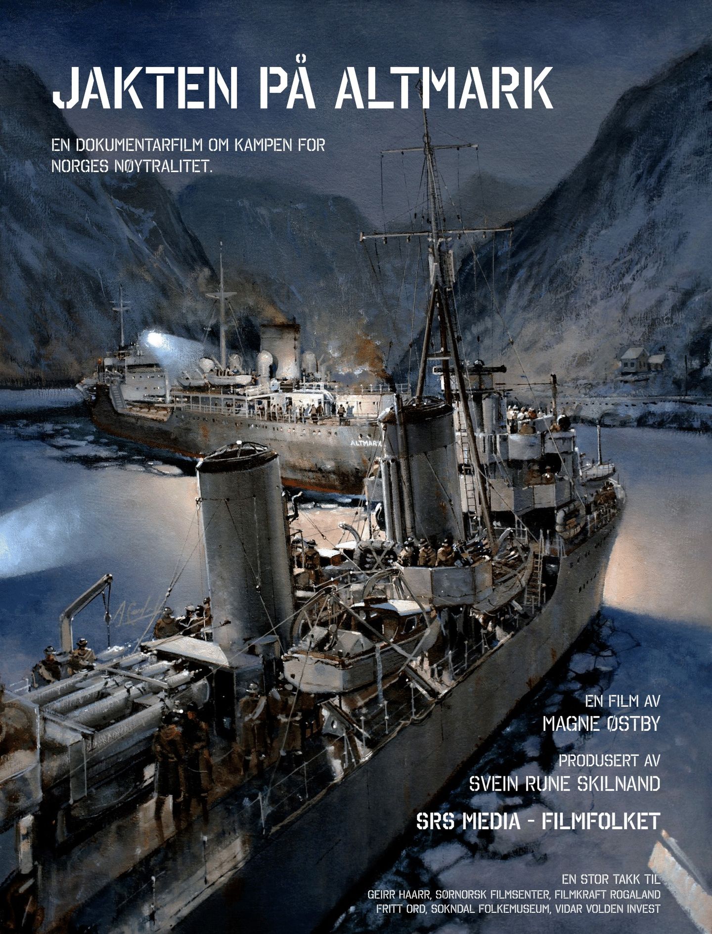 Historien om de skjebnesvangre dagene da det tyske skipet «Altmark» fraktet britiske krigsfanger i norsk farvann. Bilde av HMS Cossack og Altmark i Jøssingfjord.