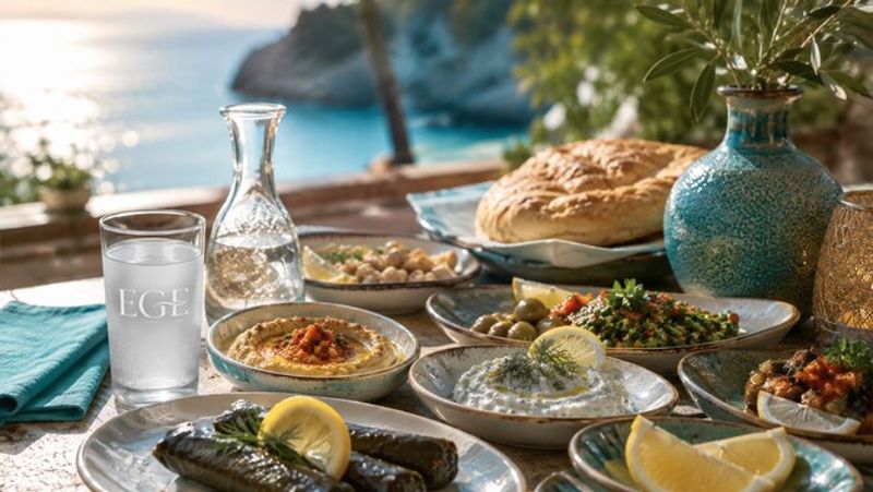 A long table set with shared meze plates in warm evening light