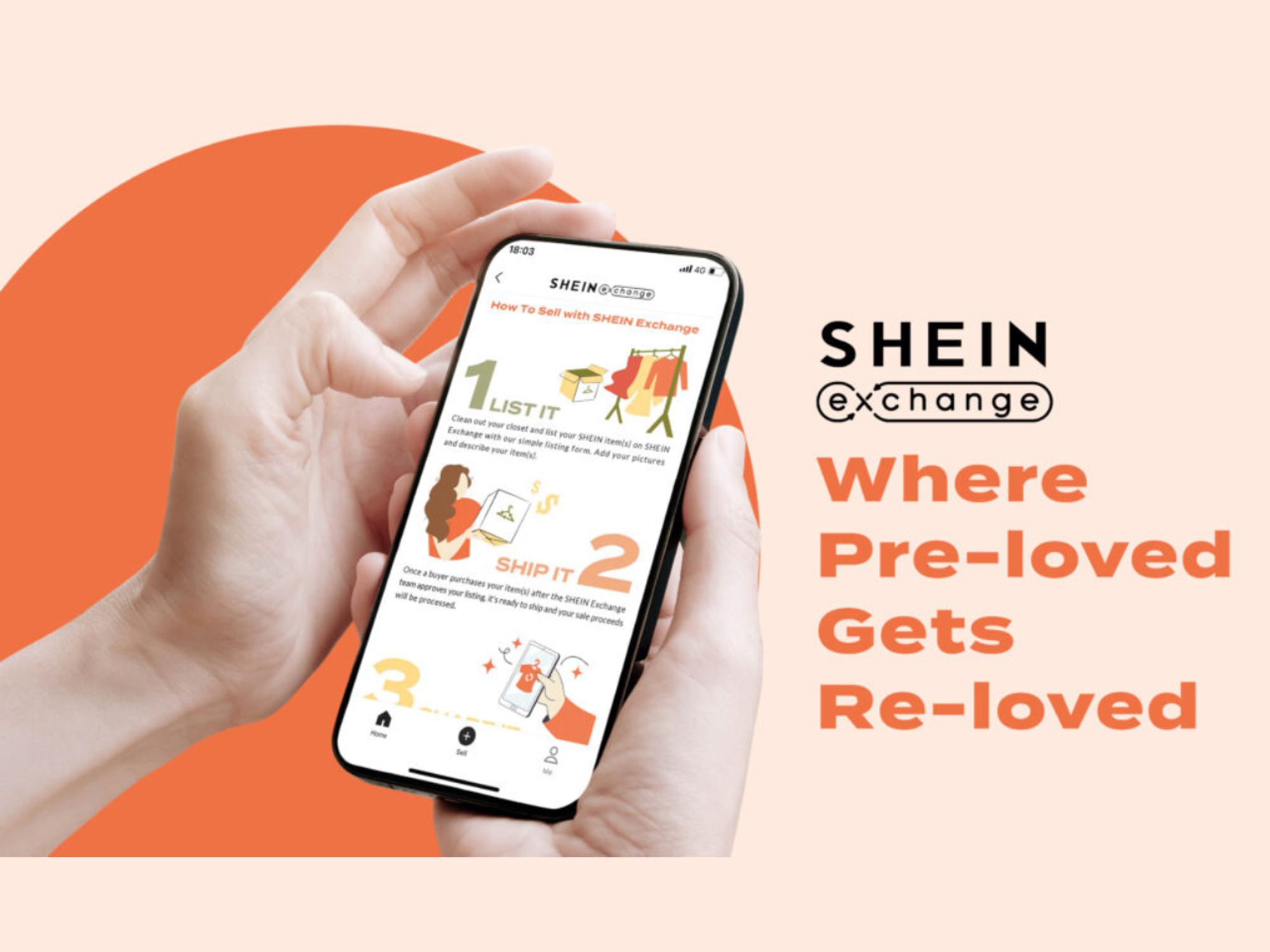 Person holding phone with SHEIN Exchange app, promoting resale of pre-loved clothes