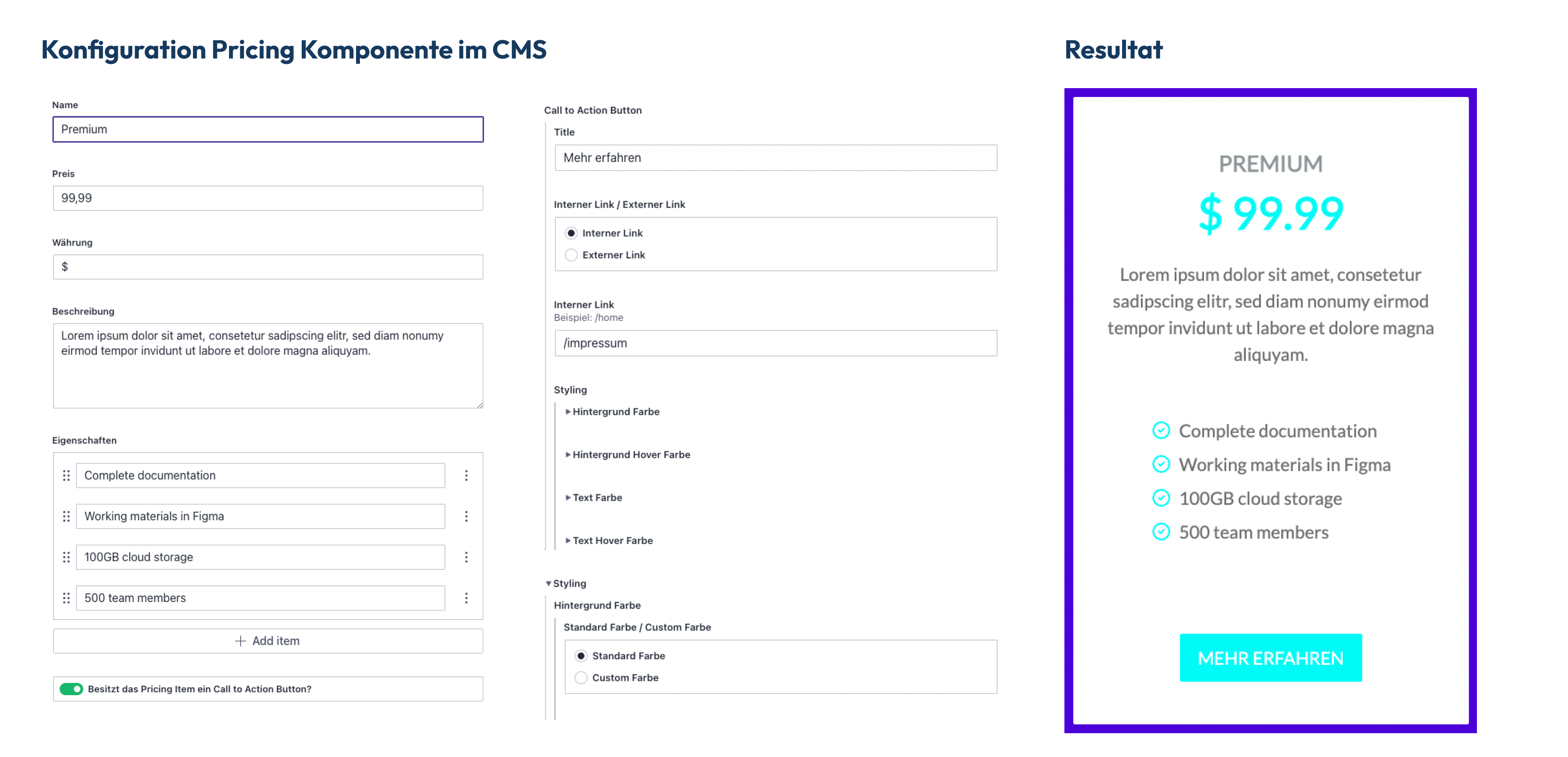 Konfiguration Pricing Komponente im CMS