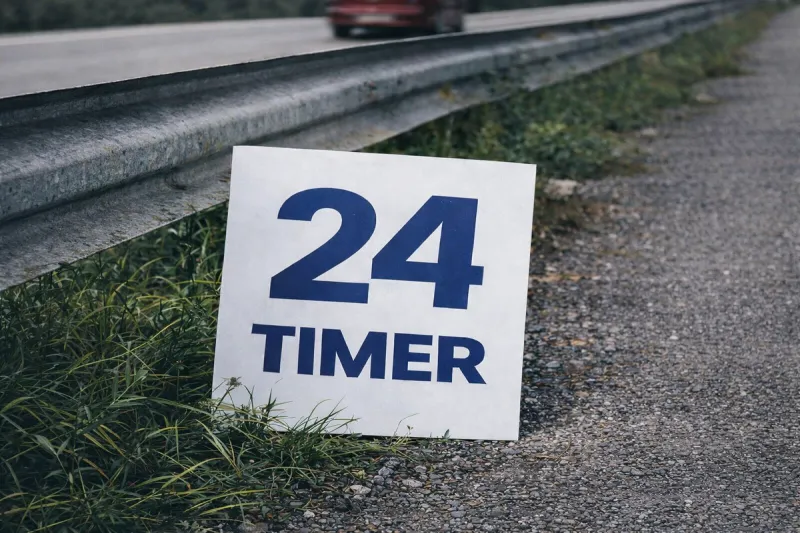 Et ark lener seg til et autovern på en motorvei med teksten 24 timer.