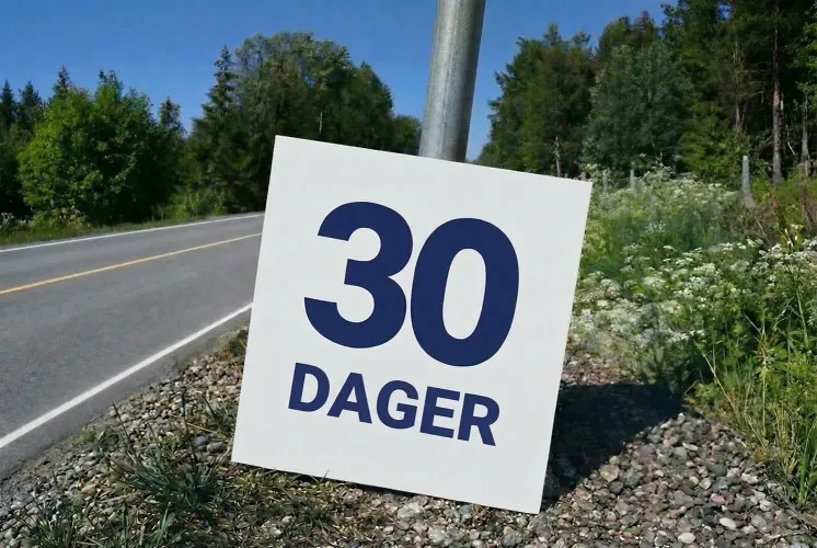 Et skilt med teksten '30 dager' lener seg til en stolpe i veikanten.