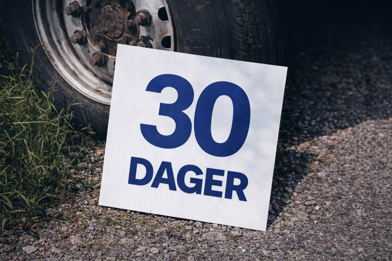 Et ark på bakken som lener seg til et hjul med teksten 30 dager.