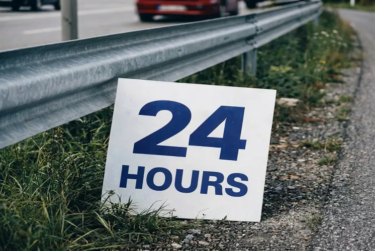 A sign with the text ‘24 hours’ leans against a guardrail on a motorway.