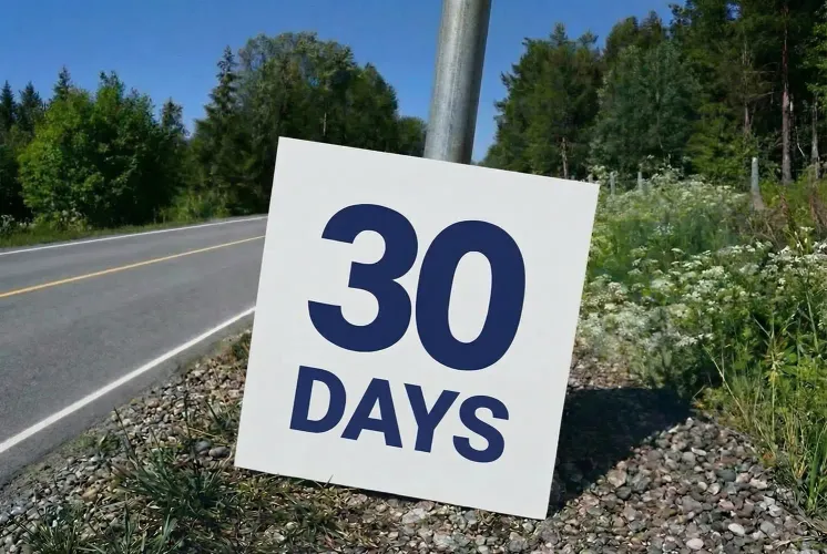 A sign with the text ‘30 days’ leaning aginst a pole in the roadside