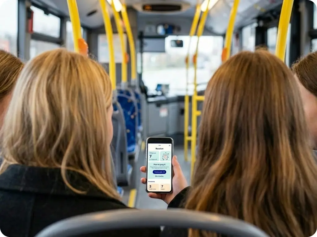 Elever bruker Teoria sammen på bussen.