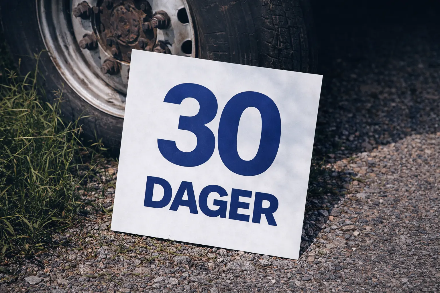 Et skilt med teksten '30 dager' lener seg på et hjul.