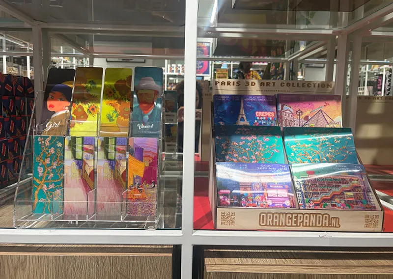Orange Panda bookmark and Paris 3D Art Collection displays in a shop window