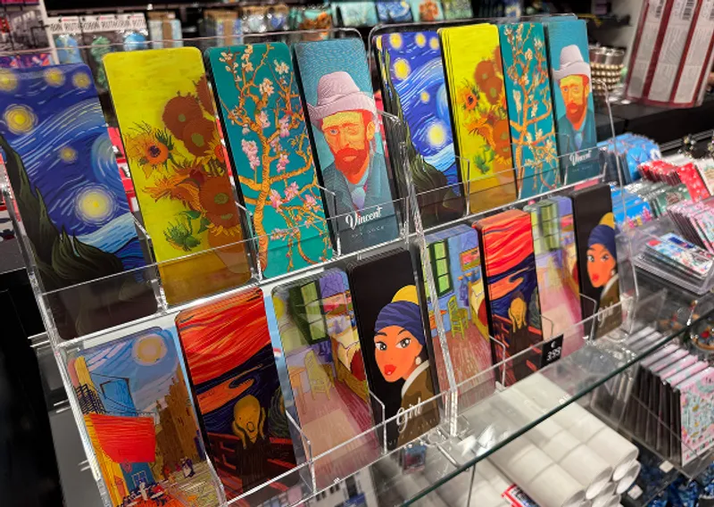 Van Gogh and Munch inspired 3D bookmarks on a glass shelf in a museum shop