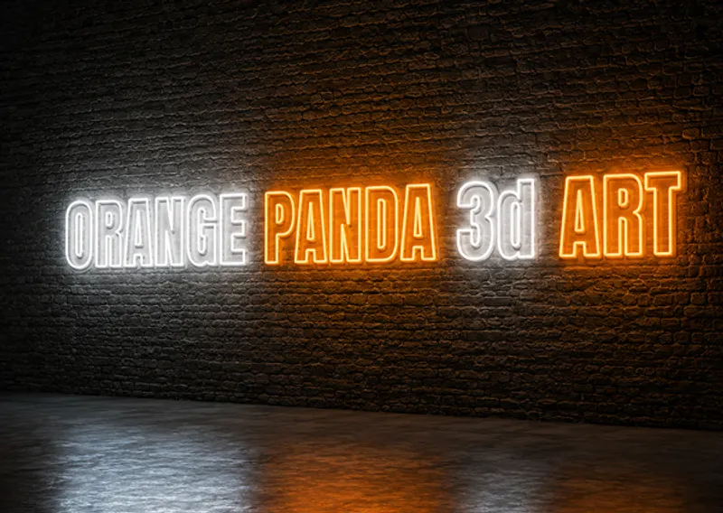 Orange Panda 3D Art neon sign on a dark brick wall