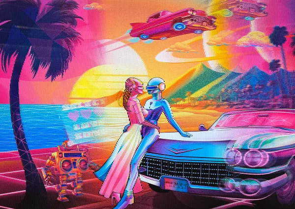Retro synthwave 3D artwork with a couple by a pink Cadillac at sunset