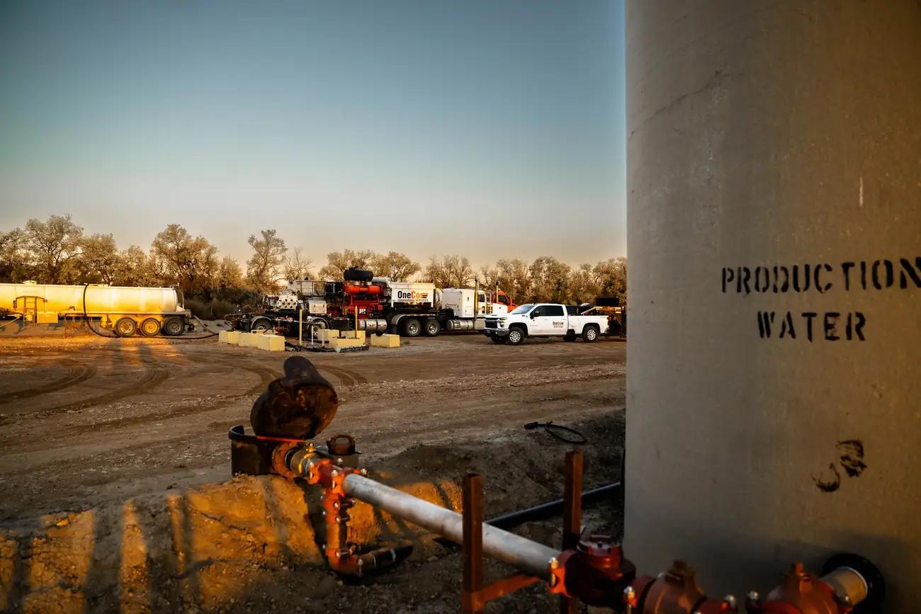 Produced water tanks on a production location