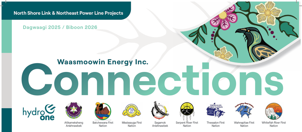 Three Waasmoowin community bulletins featuring updates on the North Shore Link and Northeast Power Line projects.