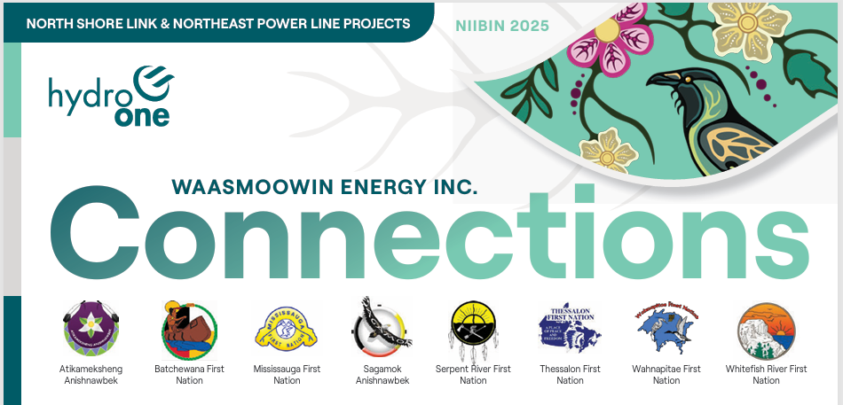 Three Waasmoowin community bulletins featuring updates on the North Shore Link and Northeast Power Line projects.