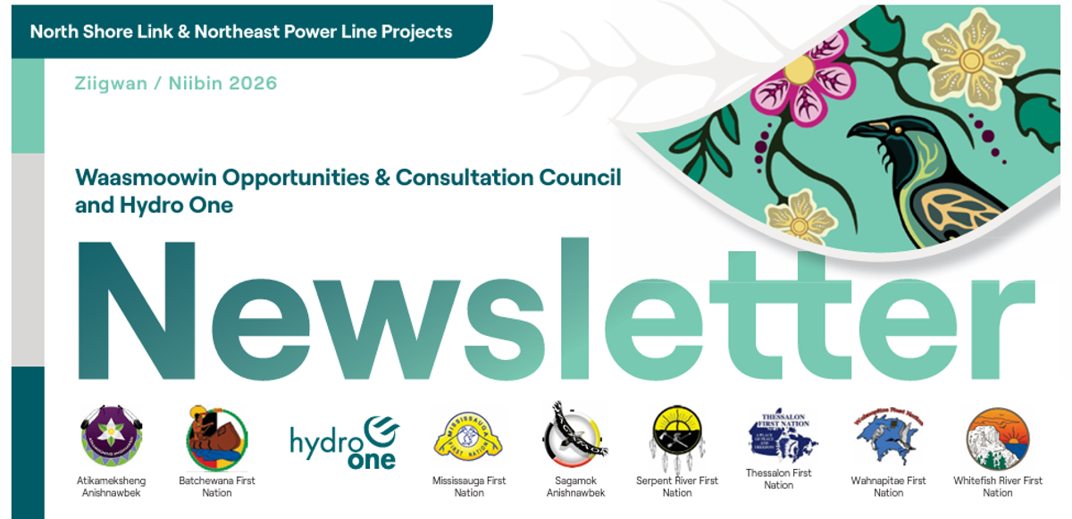 Three Waasmoowin community bulletins featuring updates on the North Shore Link and Northeast Power Line projects.