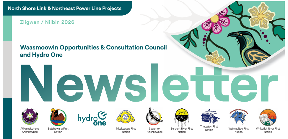 Three Waasmoowin community bulletins featuring updates on the North Shore Link and Northeast Power Line projects.