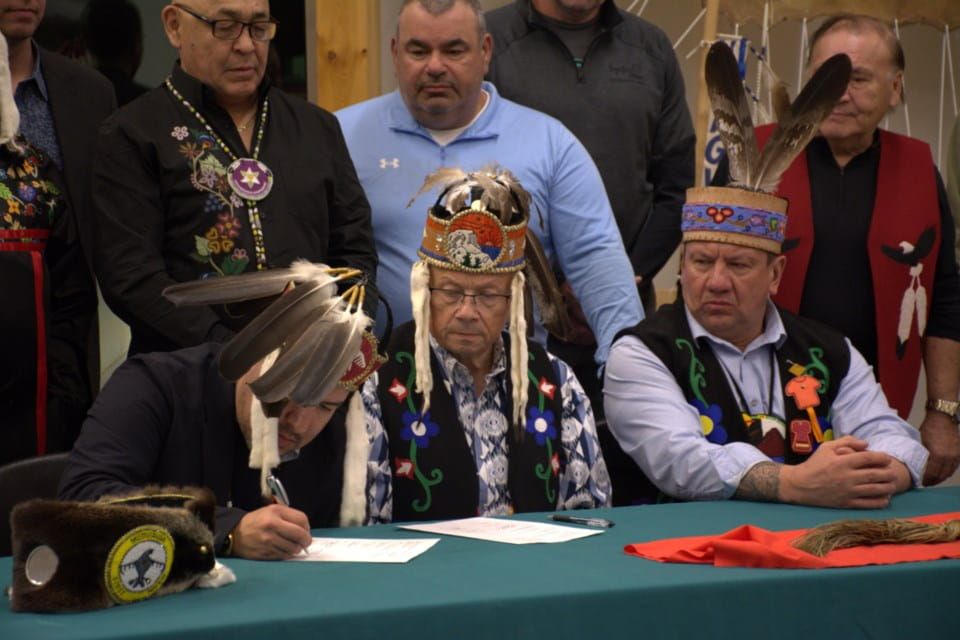 First Nations leaders and Hydro One officials at signing ceremony