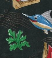 A stylized printing on fabric of hornfish in a black sea.