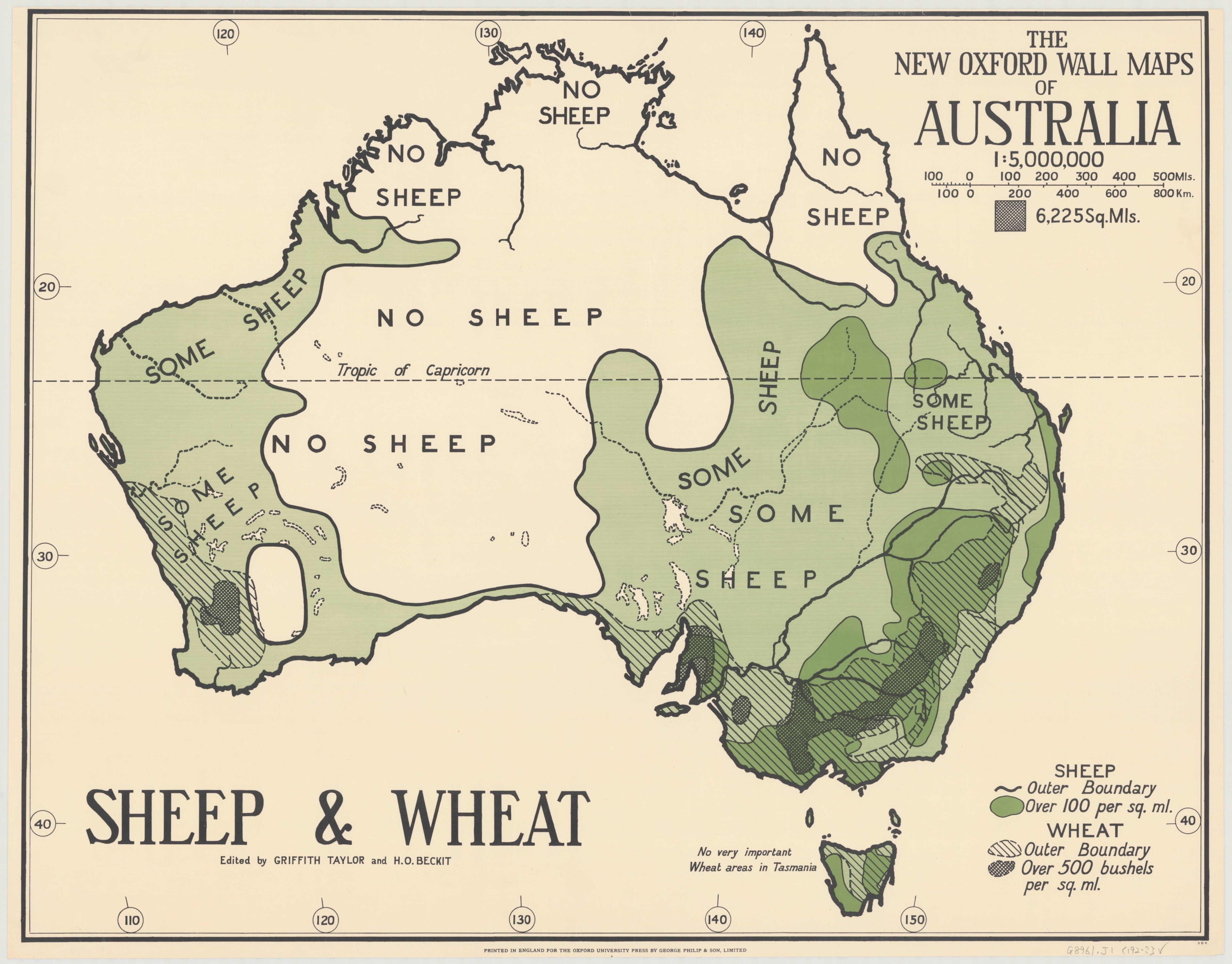 A beige and green map of Australia, showing concentrations of sheep and wheat.