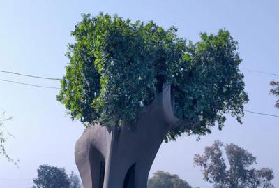 A combination of an elephant and a tree. The trunk looks like an elephant except for the head, and the foliage resembles the shape of an elephant head.