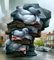 A "stack of pigeons" in a trench coat