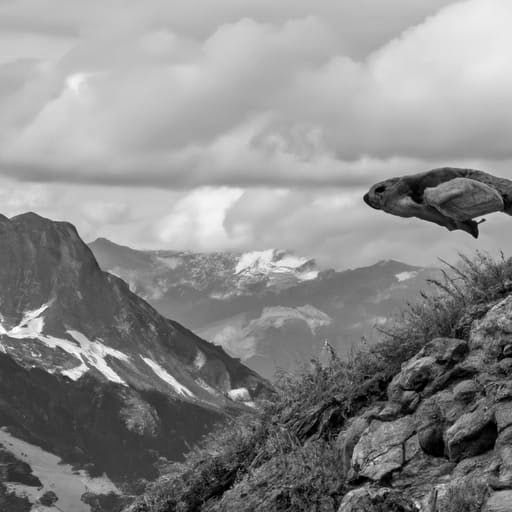 A black and white photo of a marmot leaping off the side of a mountain.