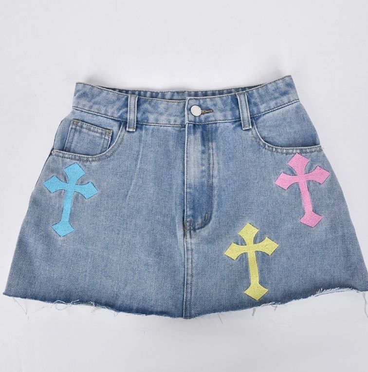 Denim Fringe Cross Embroidery Skirt