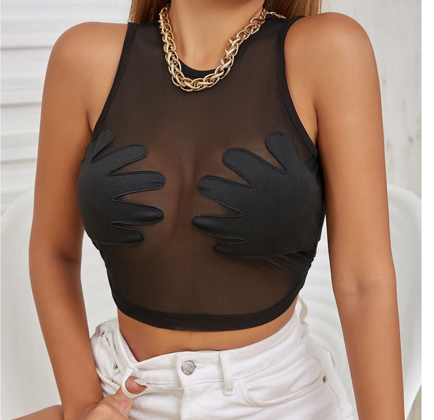 Women's round neck sleeveless see-through mesh stitching palm creative shirt