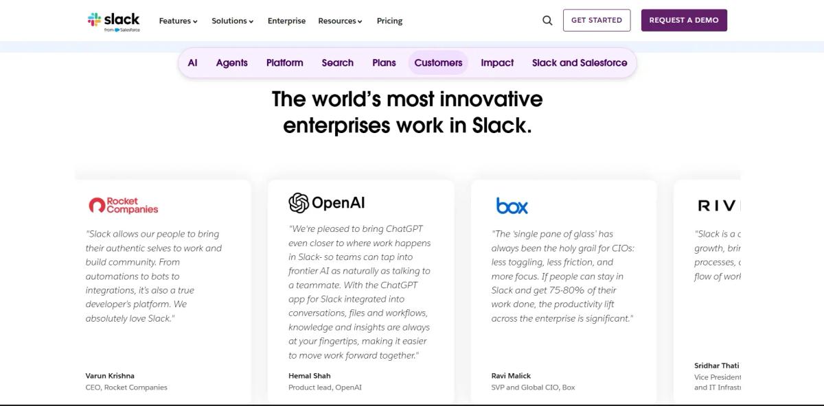Slack webpage section showcasing testimonials from major companies including Rocket Companies, OpenAI, and Box, describing how Slack improves collaboration, productivity, and integration of AI tools in the workplace.