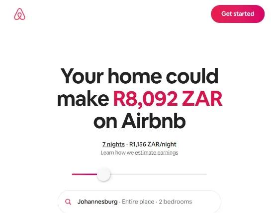 Airbnb webpage showing a potential earnings estimate stating that a home in Johannesburg could earn R8,092 ZAR for a 7-night stay, with a slider tool and search details for an entire two-bedroom place.