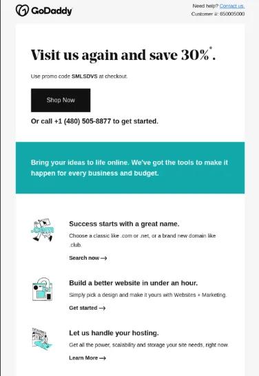GoDaddy marketing email offering a 30% discount and promoting domain registration, website building, and hosting services.
