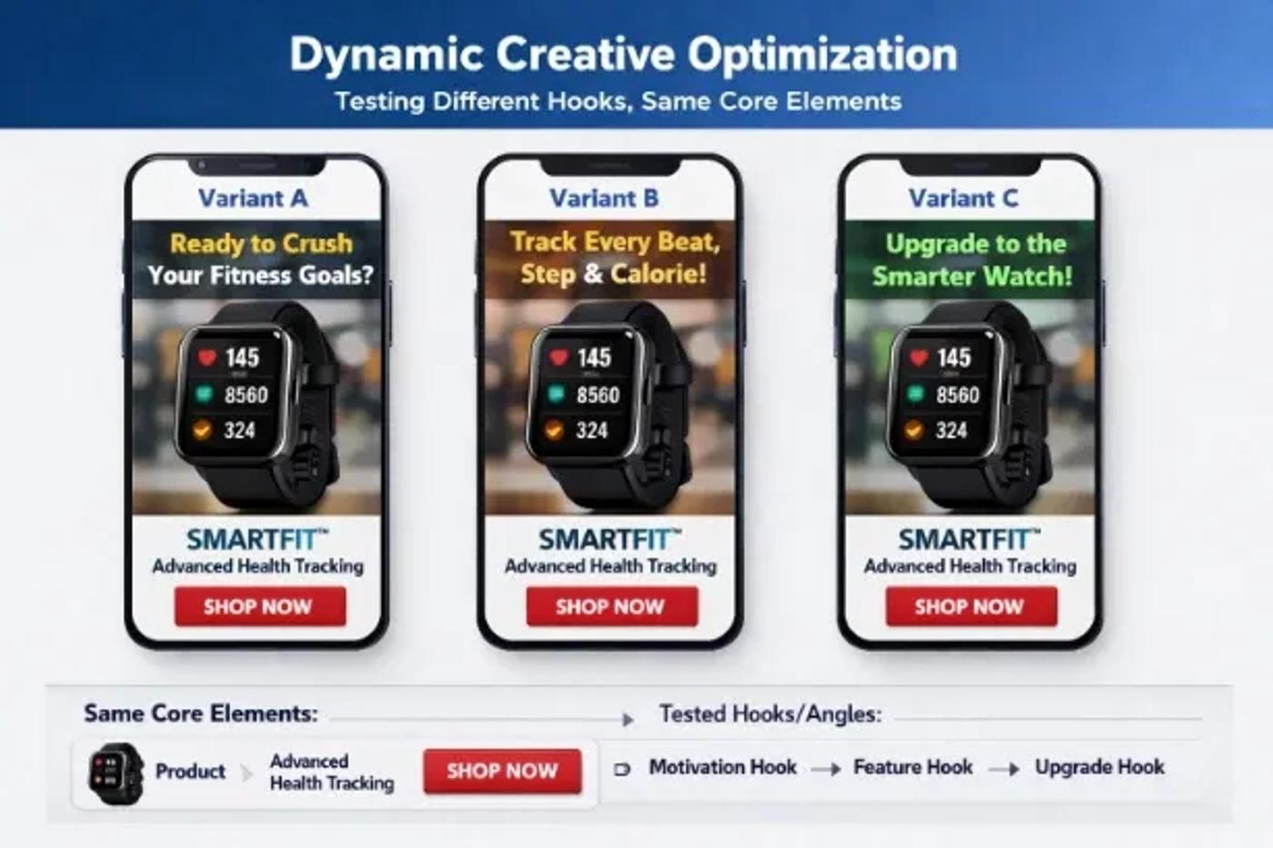 Infographic showing three ad variants for a smartwatch using different messaging hooks to test performance in dynamic creative optimization.