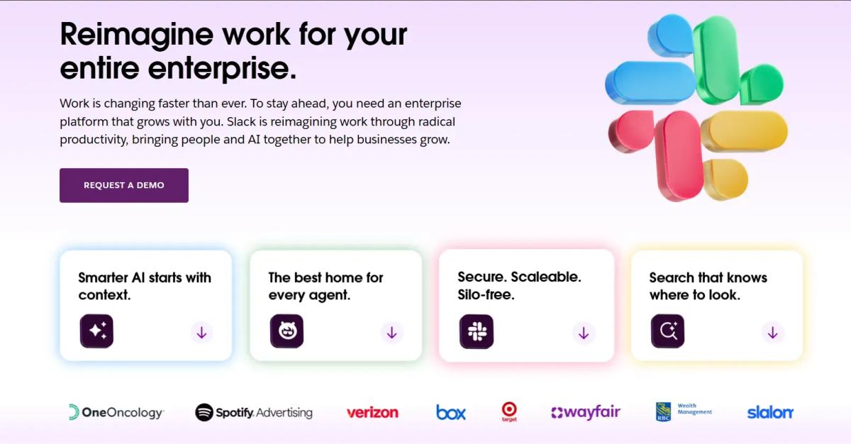 Slack enterprise webpage promoting a platform that brings people and AI together to improve productivity, featuring benefits like smarter AI context, secure scalable collaboration, agent support, and intelligent search.