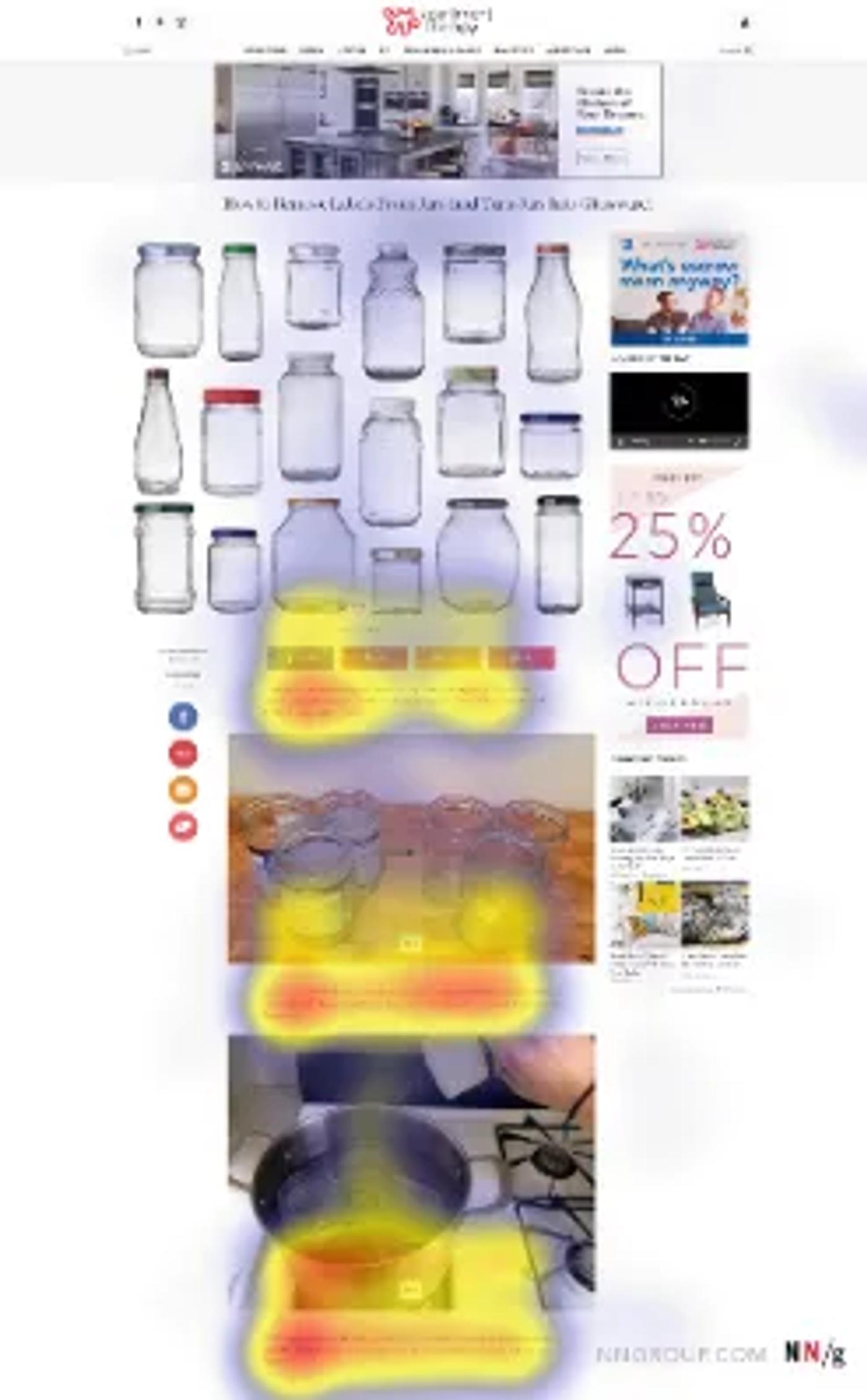 Screenshot of an Apartment Therapy article page with a heatmap overlay highlighting user attention on images of glass jars and steps for removing labels, plus ads and sidebar content on the right.