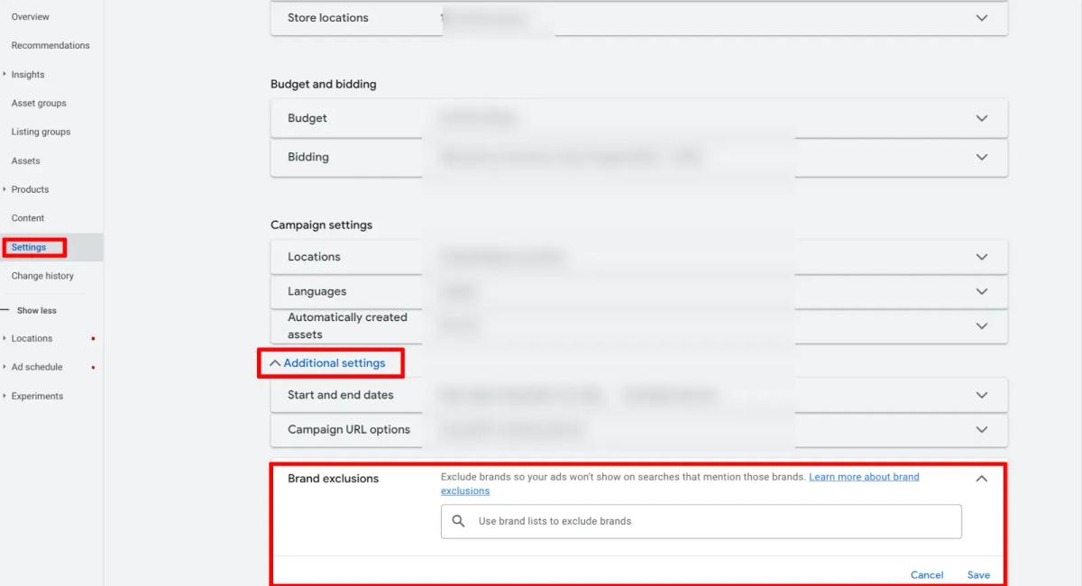 A screenshot of the Google Ads campaign settings interface highlighting the “Brand exclusions” feature within “Additional settings.” Red boxes emphasize the navigation path and the expandable Brand Exclusions section, where advertisers can prevent their ads from appearing on searches related to specific brands. The interface includes a search field labeled “Use brand lists to exclude brands” and buttons for saving or canceling changes. The image demonstrates where to configure brand exclusions in a Google Ads campaign setup.